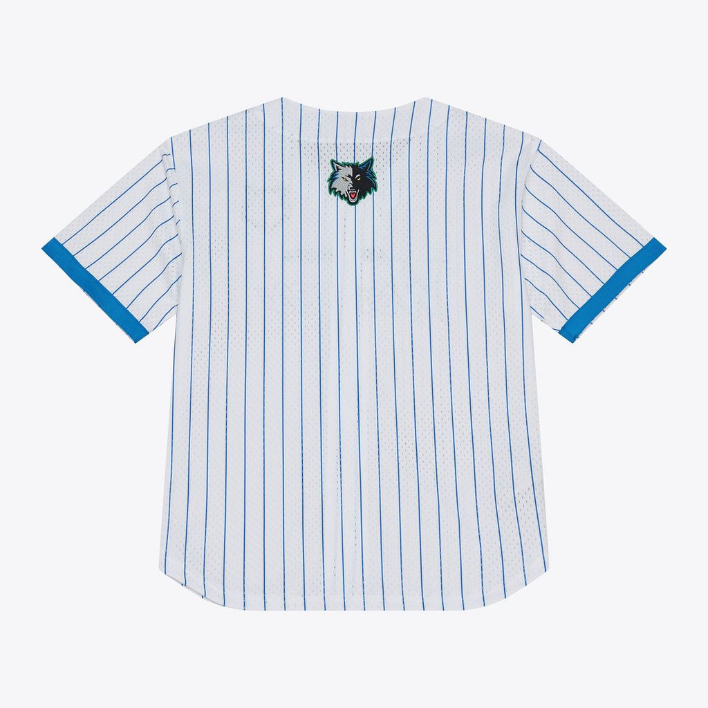 Minnesota Timberwolves Mitchell & Ness Head Coach Pinstripe Mesh Full - Button Baseball Jersey - White