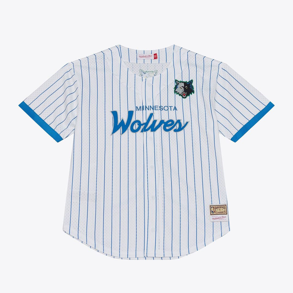 Minnesota Timberwolves Mitchell & Ness Head Coach Pinstripe Mesh Full - Button Baseball Jersey - White