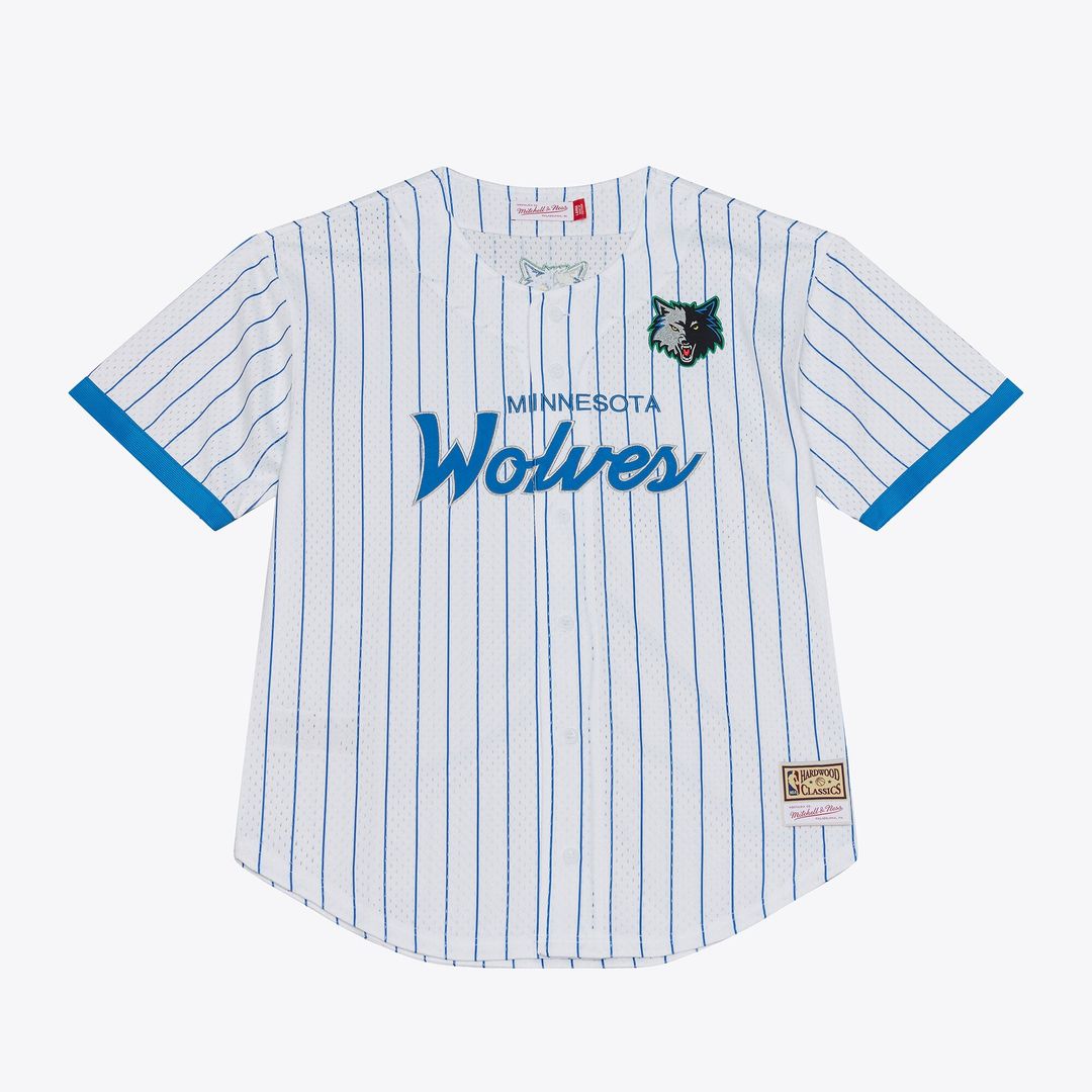 Minnesota Timberwolves Mitchell & Ness Head Coach Pinstripe Mesh Full - Button Baseball Jersey - White