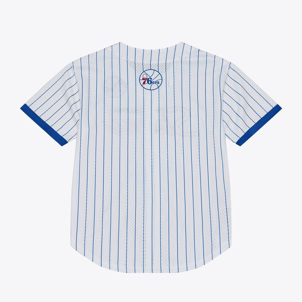 Philadelphia 76ers Mitchell & Ness Head Coach Pinstripe Mesh Full - Button Baseball Jersey - White